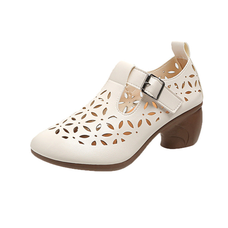 High Heel Retro Hollow Sandals Spring And Summer New Round Toe Buckle Mom Shoes