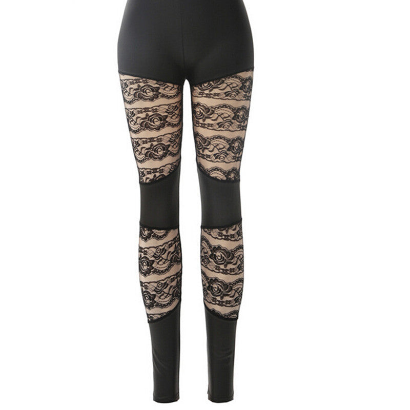 Women's Autumn Faux Leather Stitching Lace Leggings