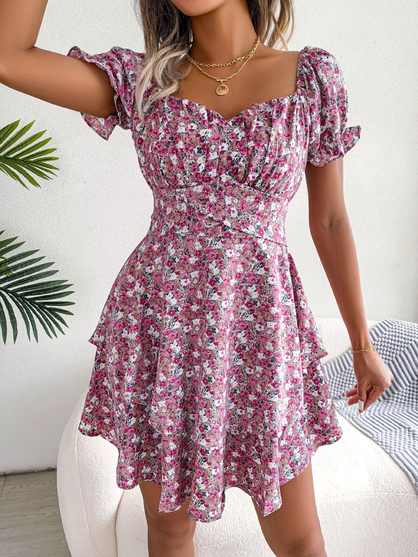 Women  Elegant Floral Print Tie Waist Flowy Dress