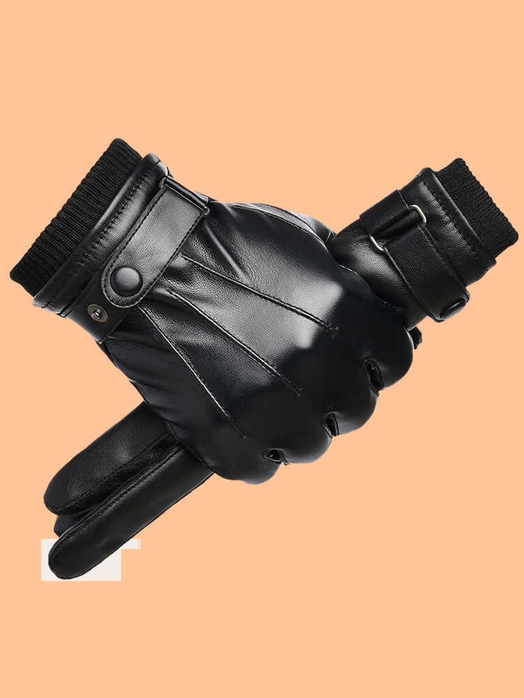 Men's Winter Riding Plus Velvet Thick Windproof Leather Gloves