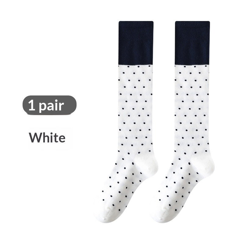 Korean-style Polka-dot Contrast-color Womens Calf Sweet And Versatile Knee-high Puff Socks Made Of Cotton