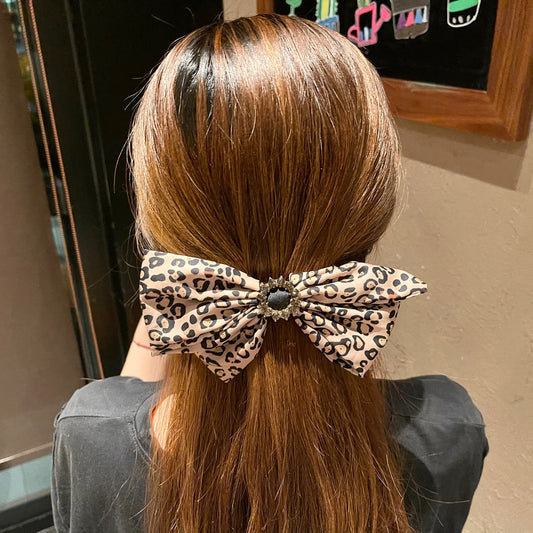 Leopard Print Bowknot Rhinestone Hair Tie Back Head
