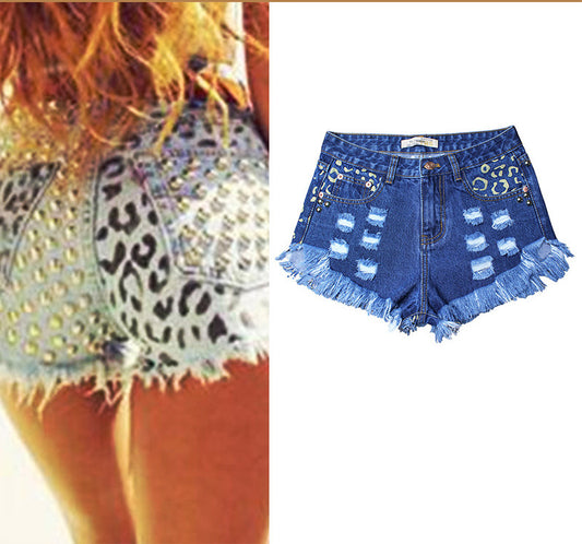 Hot Sale Ripped Loose High Waist Rivet Denim Shorts Printed Pants