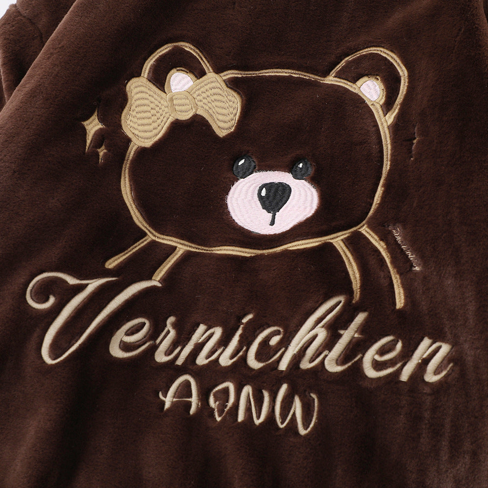 Cute Embroidered Bear Ear Hooded Lamb Plush Coat