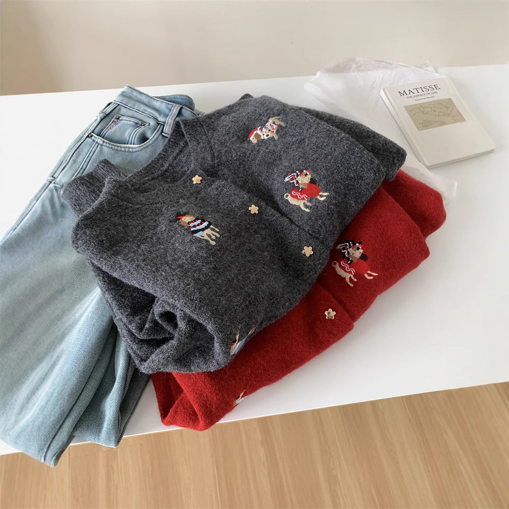 Women's Retro Machine Embroidery Christmas Red Puppy Knitted Sweater