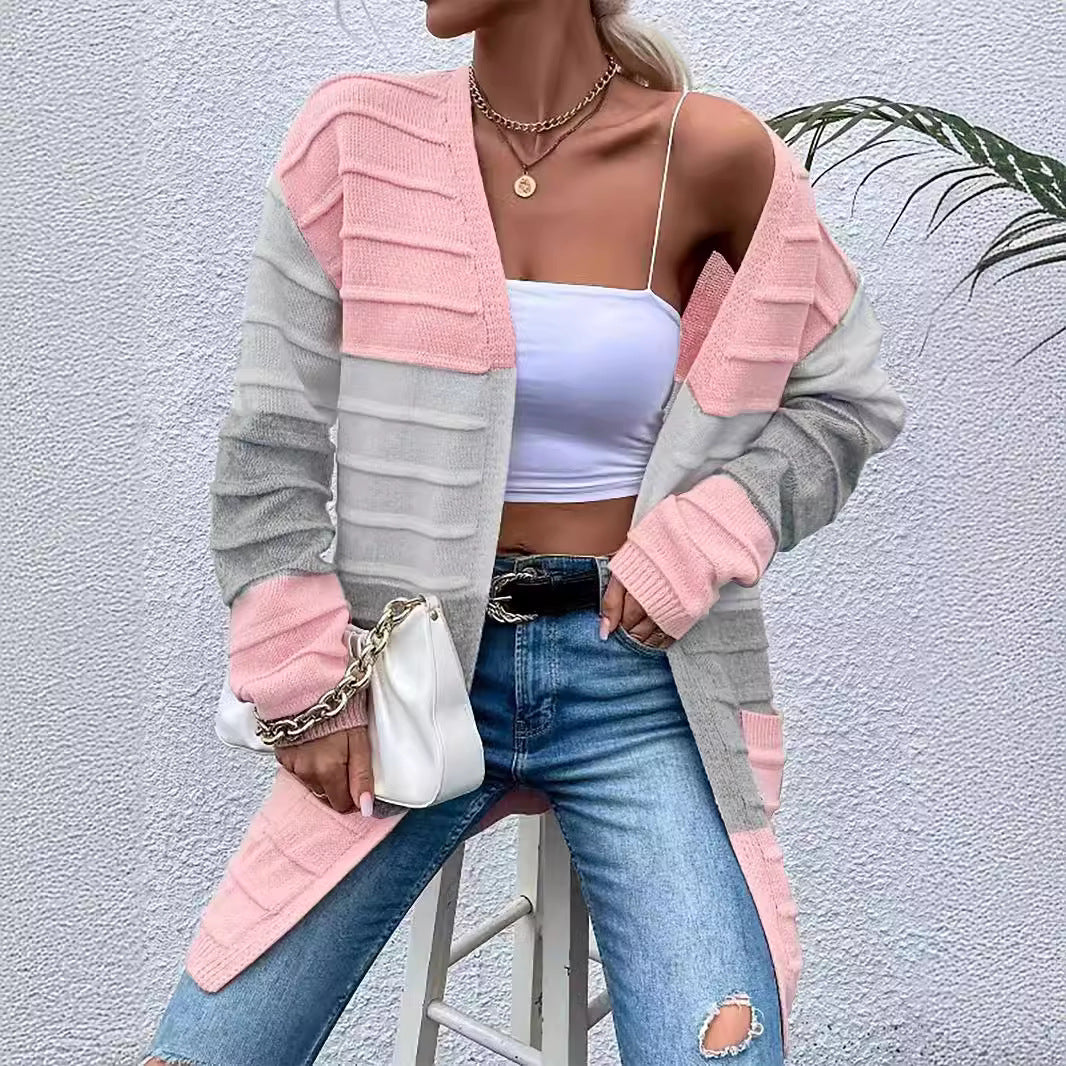 Amazon AliExpress Sweater Women's Fashion Jacket With Big Pockets Autumn And Winter Long Striped Color Matching Cardigan