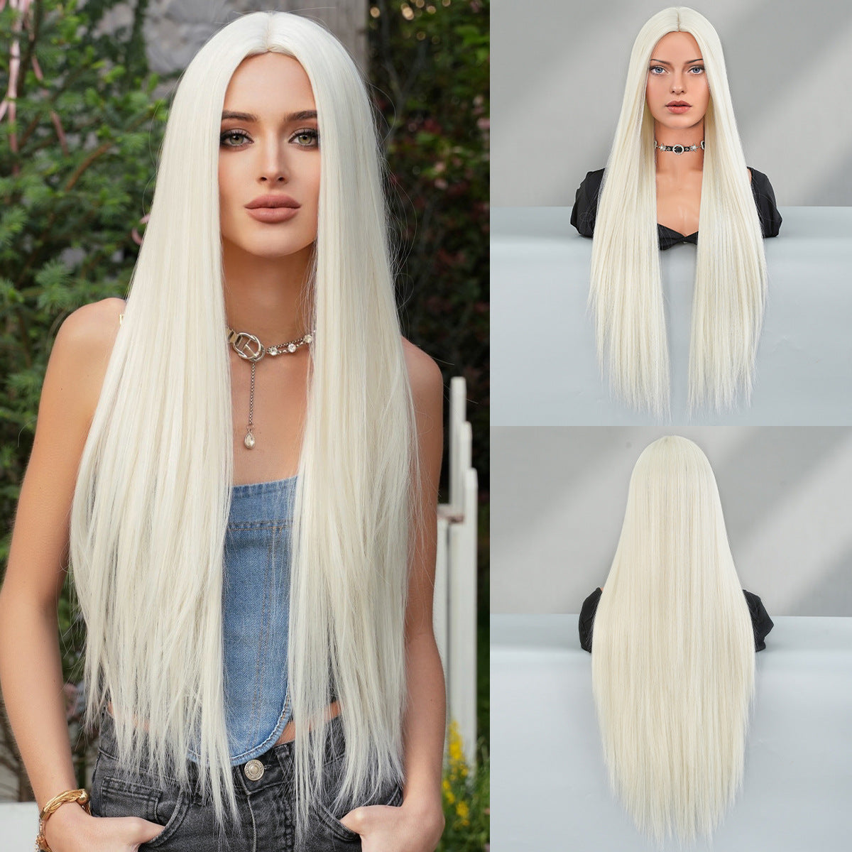 Super Long Medium Straight Hair Full-head Wig Natural Gold Gradient Chemical Fiber Wig