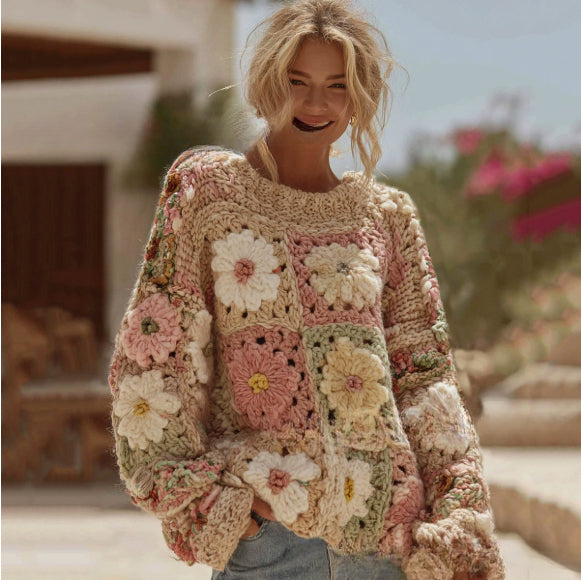 Little Flower Digital Printed Round Neck Sweater