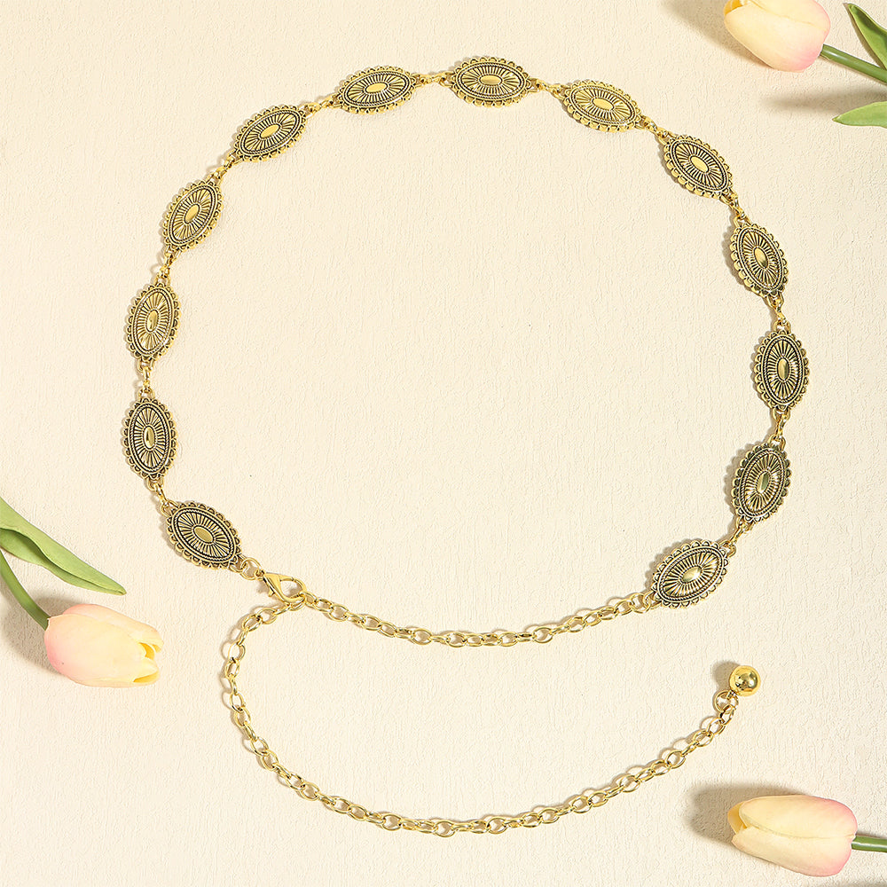 Retro National Style Carved Ancient Gold And Silver Metal Waist Chain Sexy Elegant Women's Dress Senior Sense Decorative Belt