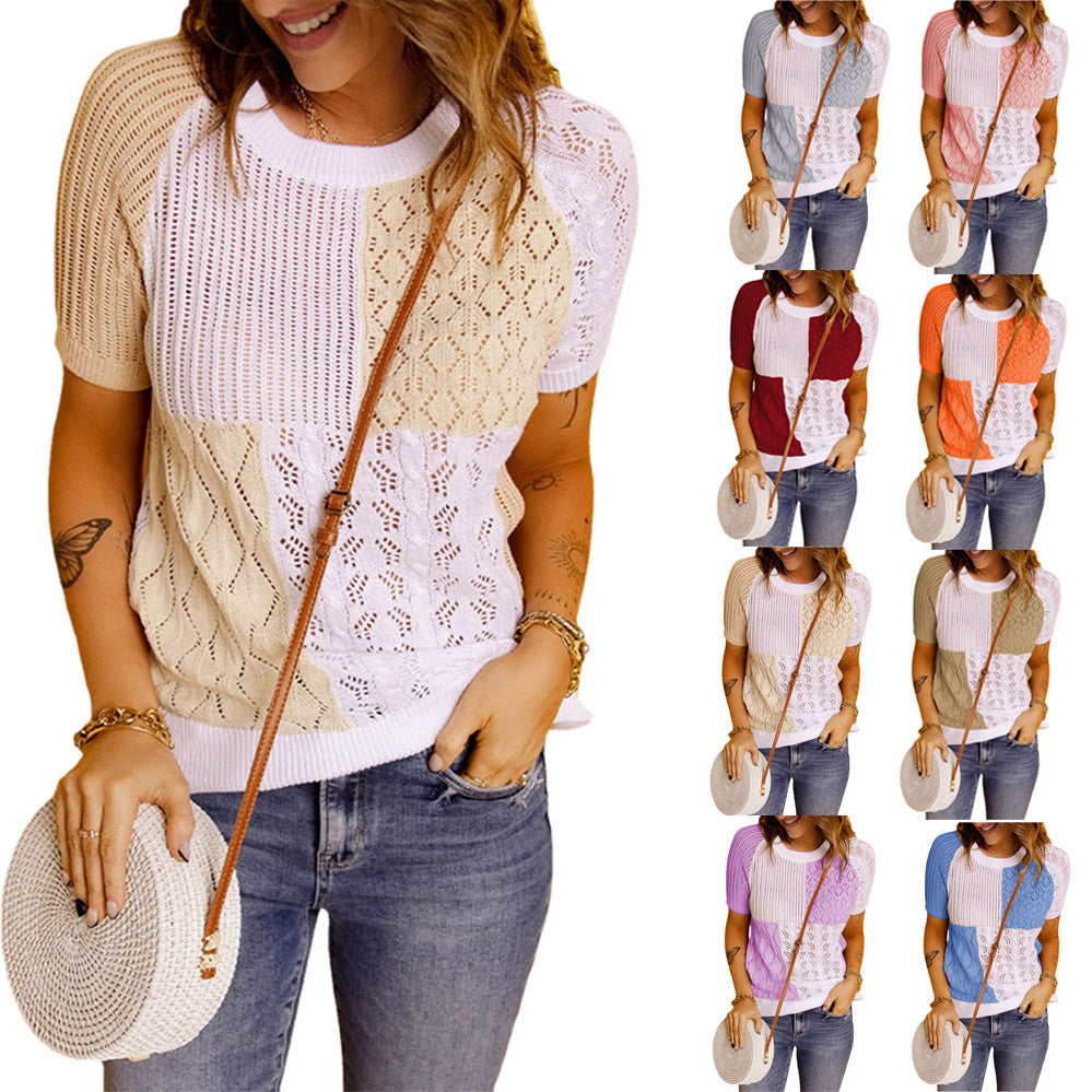 New Fashion European And American Color-blocking Knitted Short-sleeved T-shirt Top Knitted Sweater