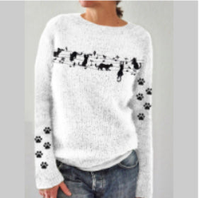 Creative Sweater Printed Patchwork Round Neck Raglan Long Sleeve