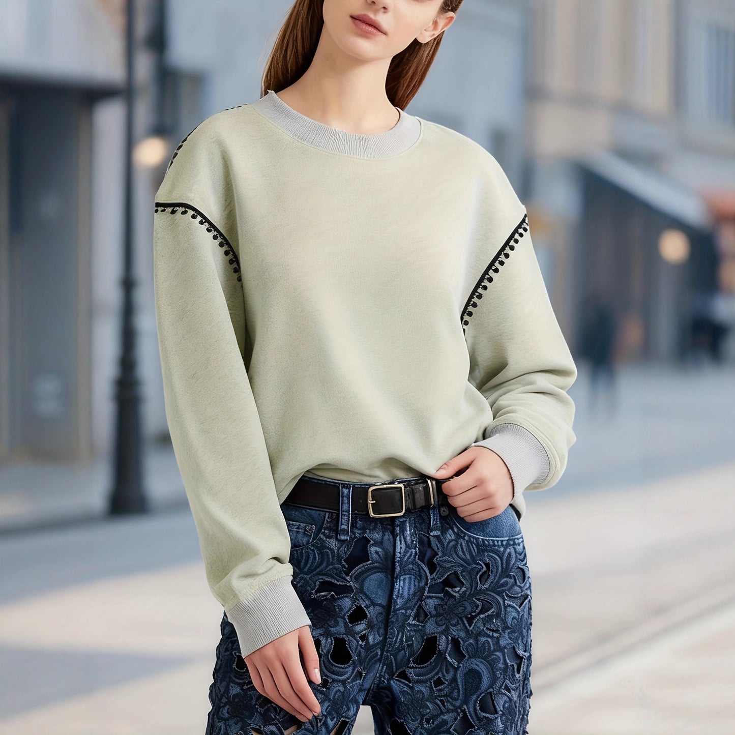 Women's Retro Contrasting Color Trimmed Round Neck Long Sleeved Sportswear