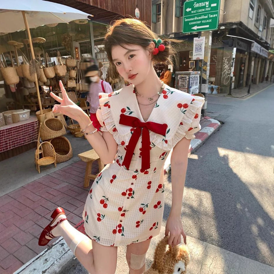 Fitted Slimming Cherry-Print Lapel Dress For Women