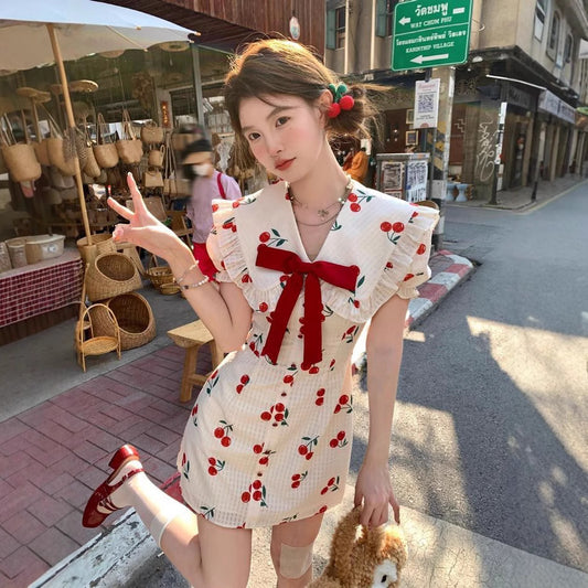 Fitted Slimming Cherry-Print Lapel Dress For Women