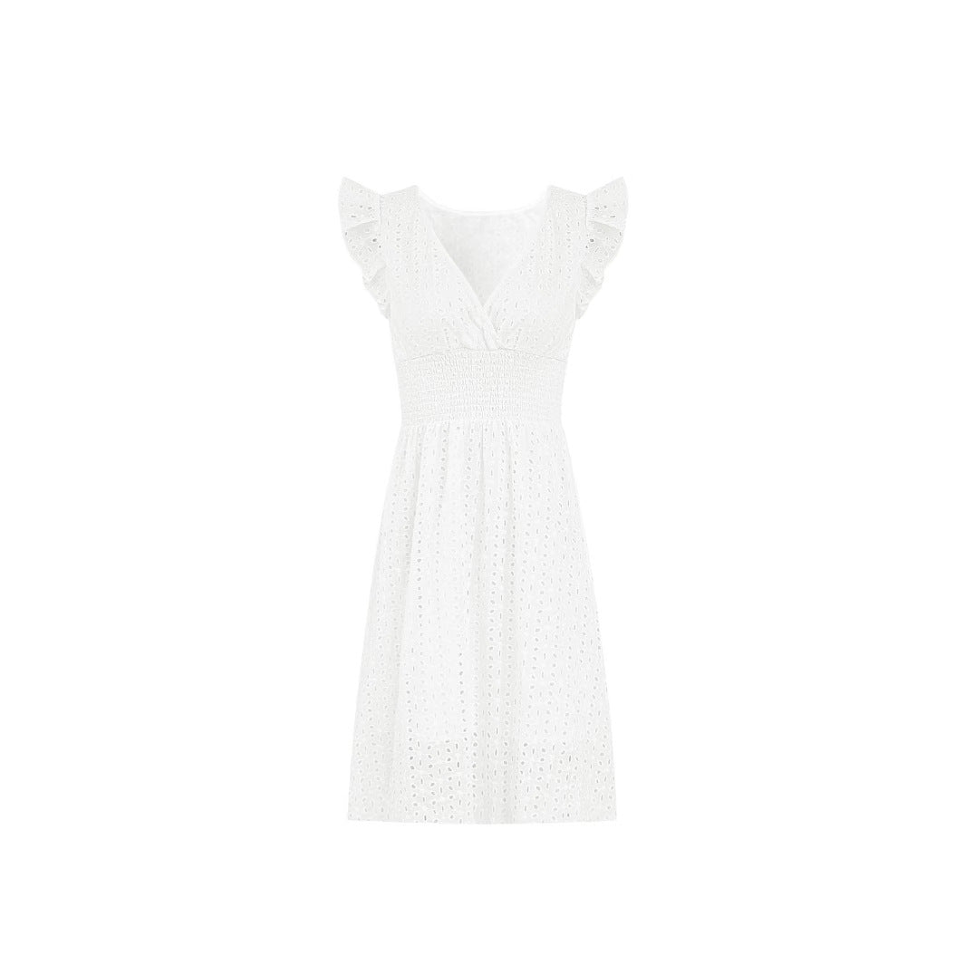 Lotus-Leaf Sleeve V-Neck Hollow-Out Embroidered Dress