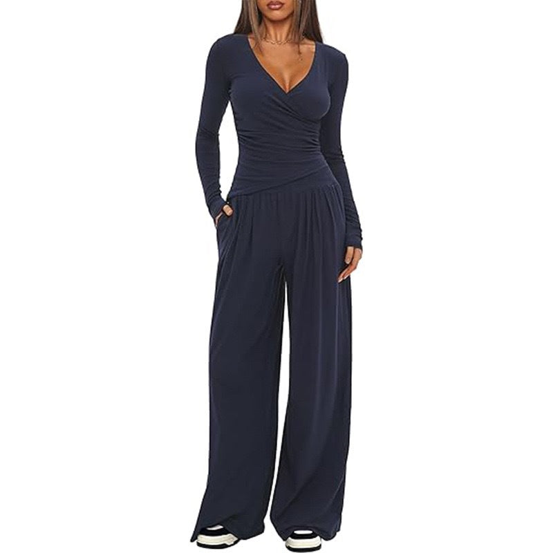 Women's V Neck Long-sleeve Sportswear Top And Wide-leg Pants Set Casual Comfortable Outfit Set For Daily Wear Gym Sports Outfit 2 Pieces