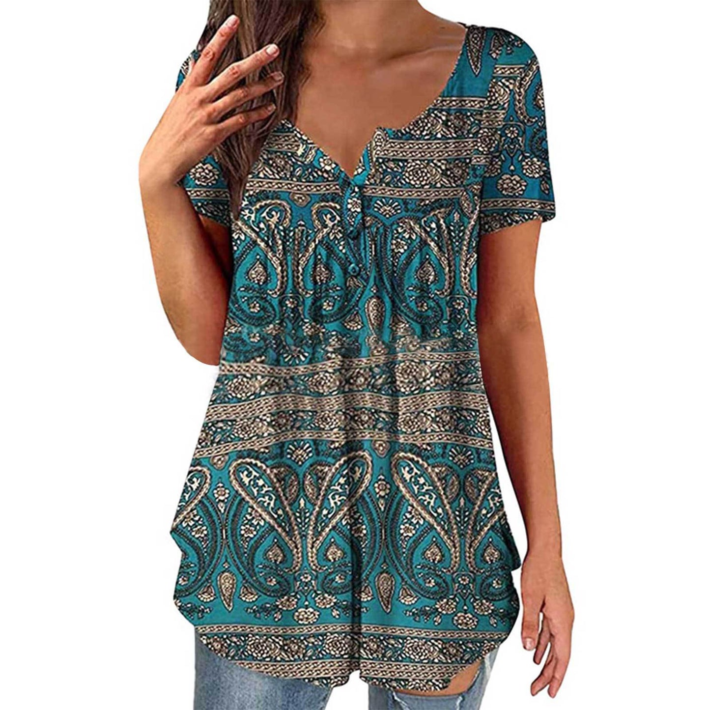 Women's Clothing Summer Fashion New Tops Digital Printing Casual Trend Short Sleeve Henley Shirt