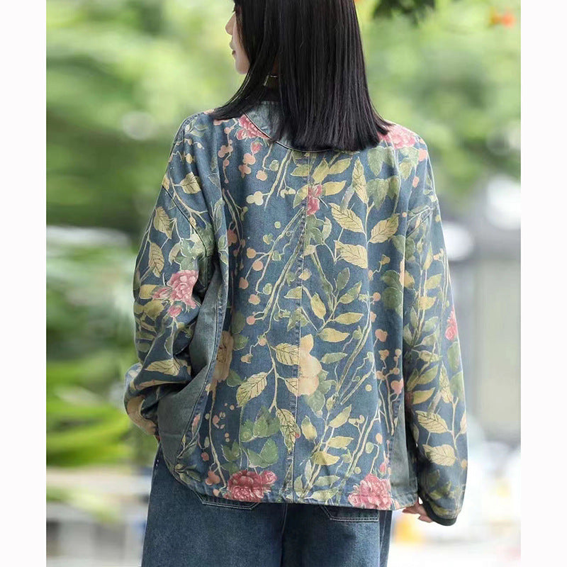 Women's Ethnic Literary Retro Print Denim Jacket