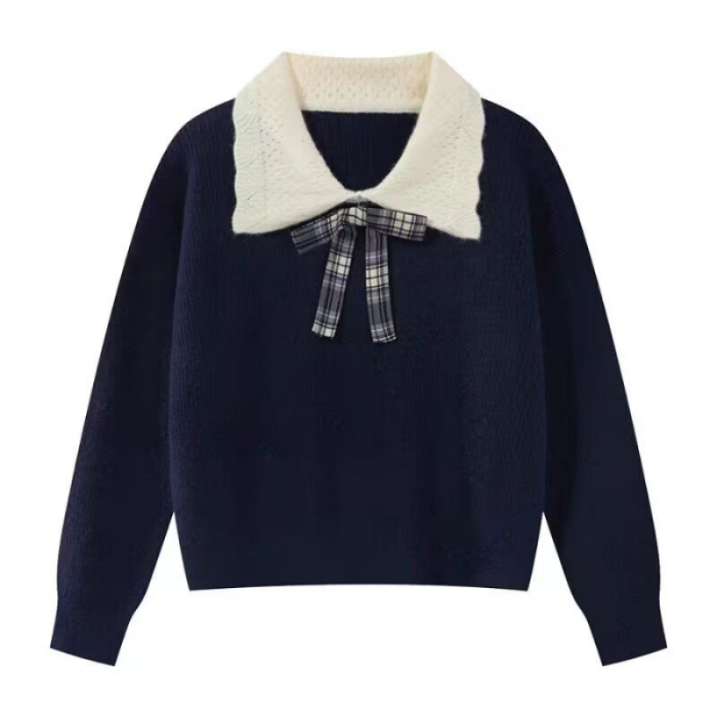FallWinter Preppy-Style Color-Block All-Match Peter Pan Collar Sweater For Women