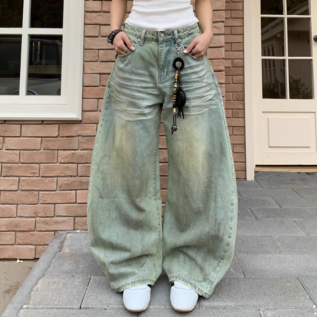 Retro Style Sickle Jeans Women's Loose Casual Wide-leg Pants