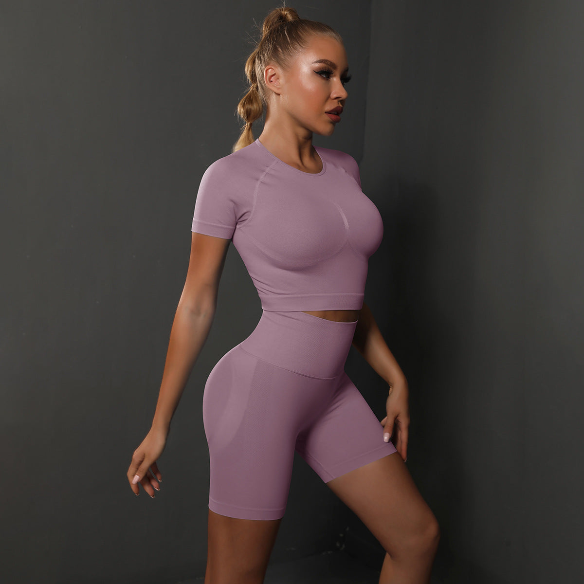 Summer New Seamless Solid Color High-Elastic Yoga Short-Sleeve Shorts Set