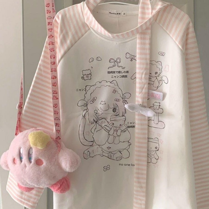 Sweet Girl Kitten  Striped Round Neck Fleece-lined Sweater