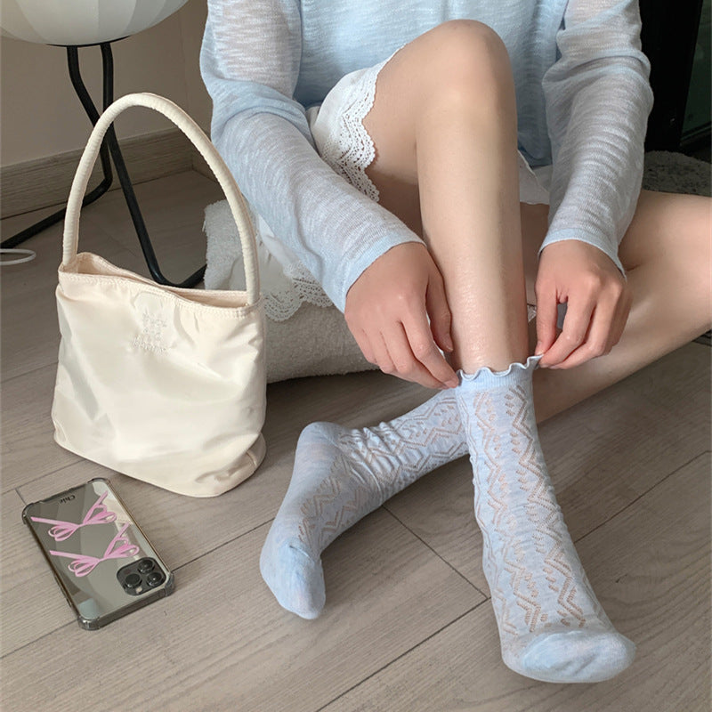 Thin Mesh Solid Color Hollow Wooden Ear Mid-calf Length Loose Socks Breathable Sweat Absorbing