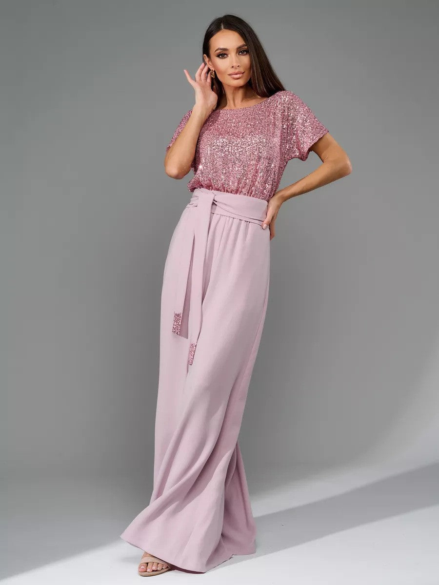 European And American One-piece Sequin Fashion Short Sleeve Casual Jumpsuit Trousers