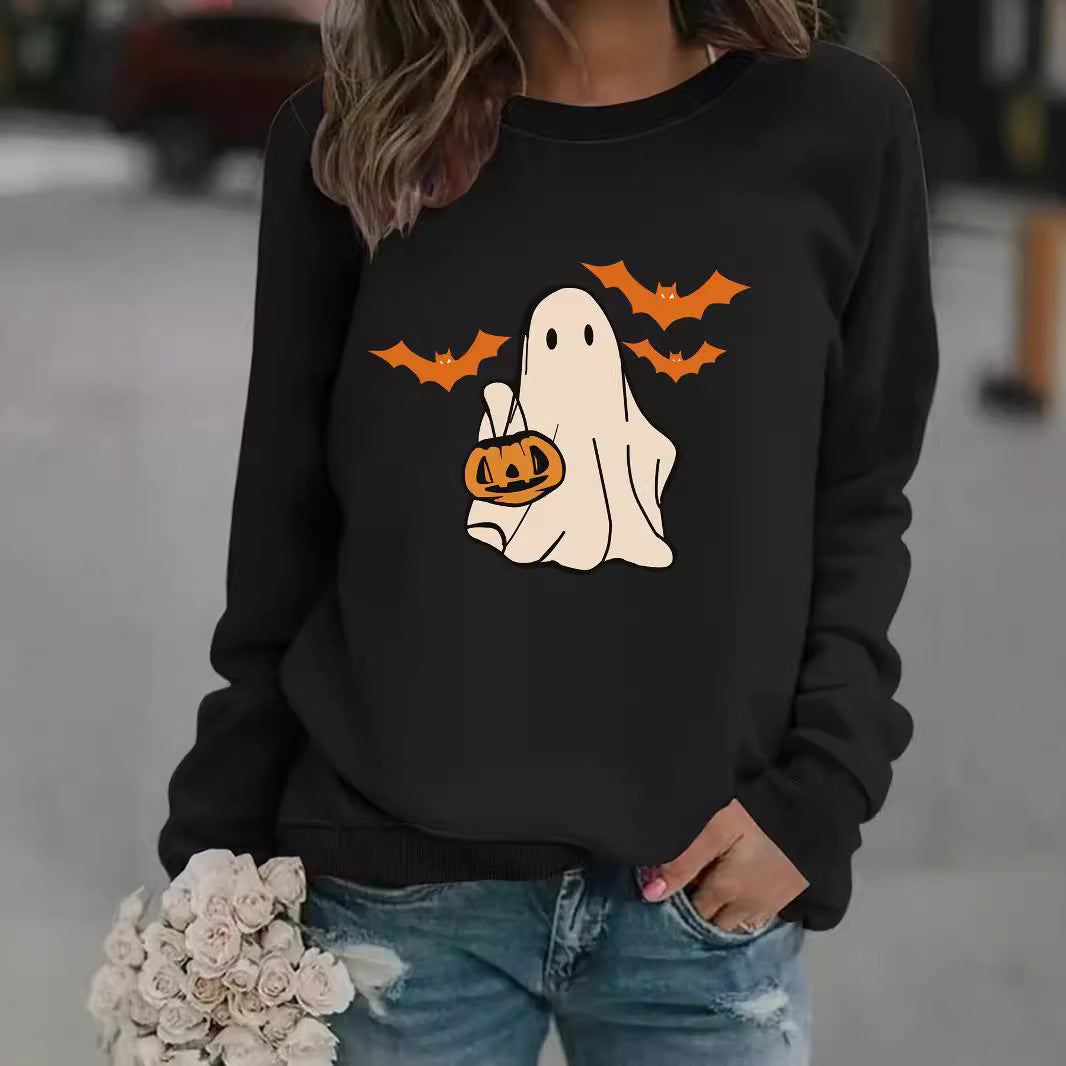 Halloween Casual Long Sleeve Round Neck Cartoon Ghost Print Pullover Sweater Sweatshirt