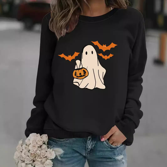 Halloween Casual Long Sleeve Round Neck Cartoon Ghost Print Pullover Sweater Sweatshirt