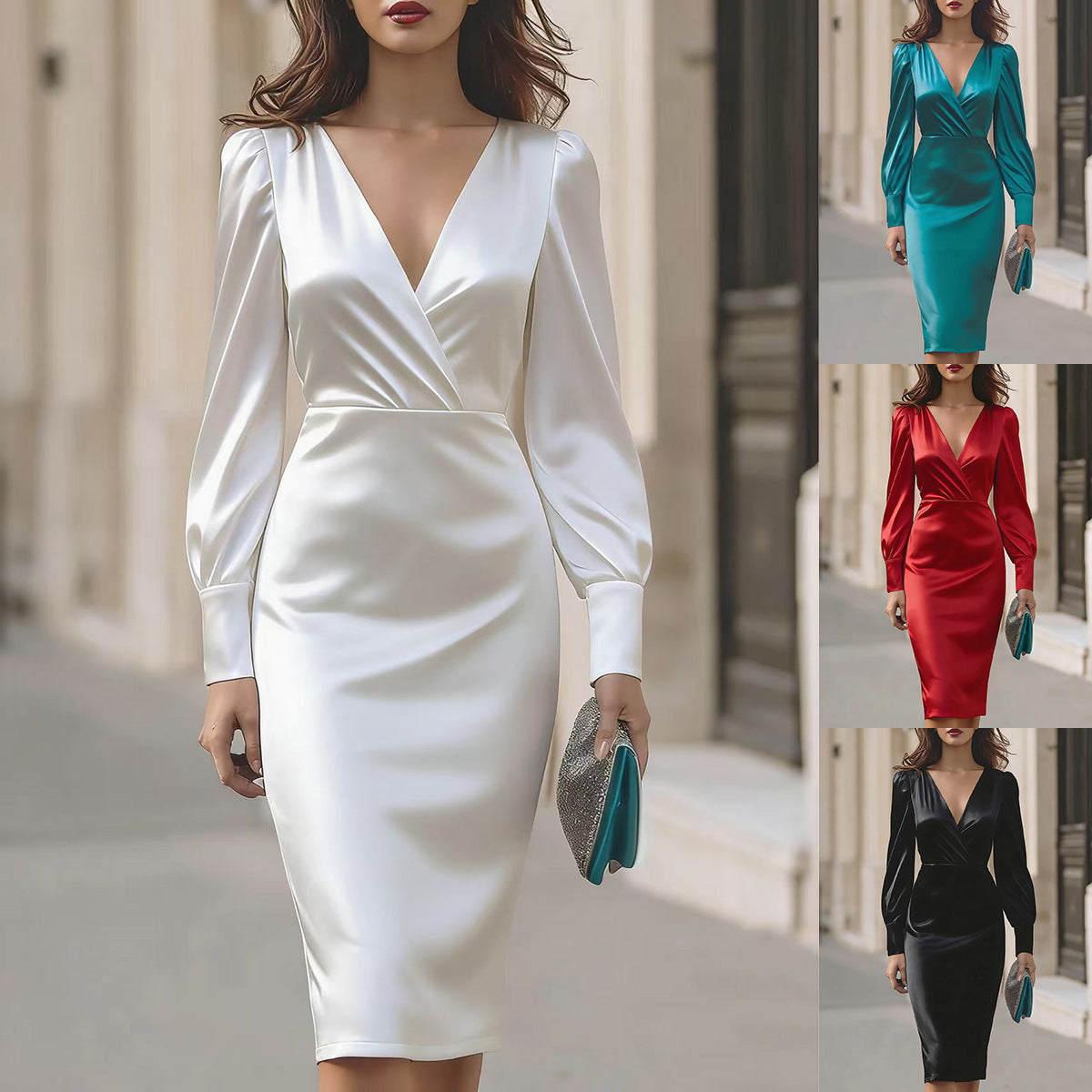 Womens Fitted Waist-cinching Long-sleeve Sheath Dress