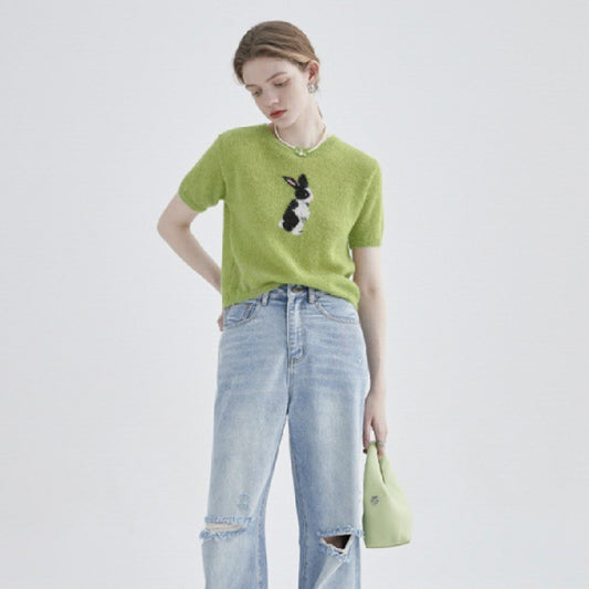 Rabbit Print Round Neck Fashion Short Sleeves
