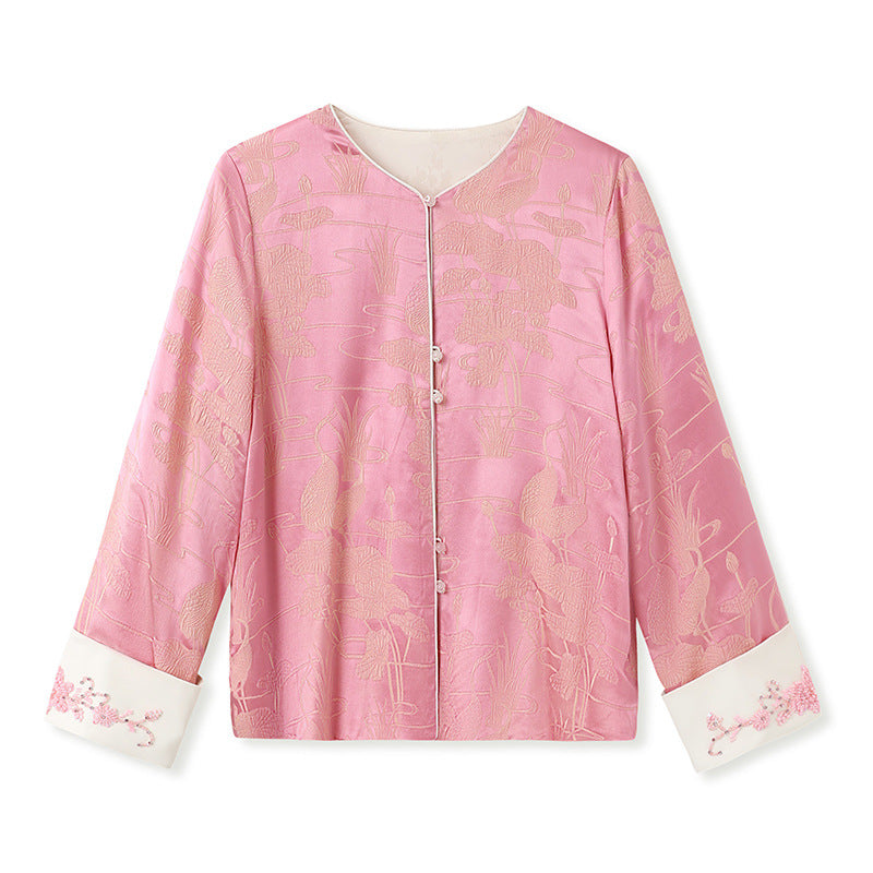 Kinesisk Retro Perlebroderet Bluse i Mulberrysilke Elegant og Moderigtig Frakke