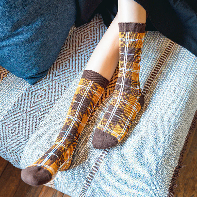 Socks Women's Tube Retro British Checkered  Long Tube Pile Stockings