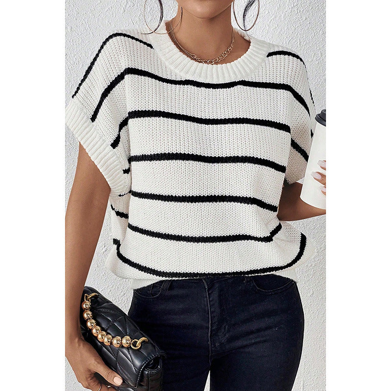 Striped Wool Round Neck Contrast Drop Shoulder Sweater With Short Sleeves