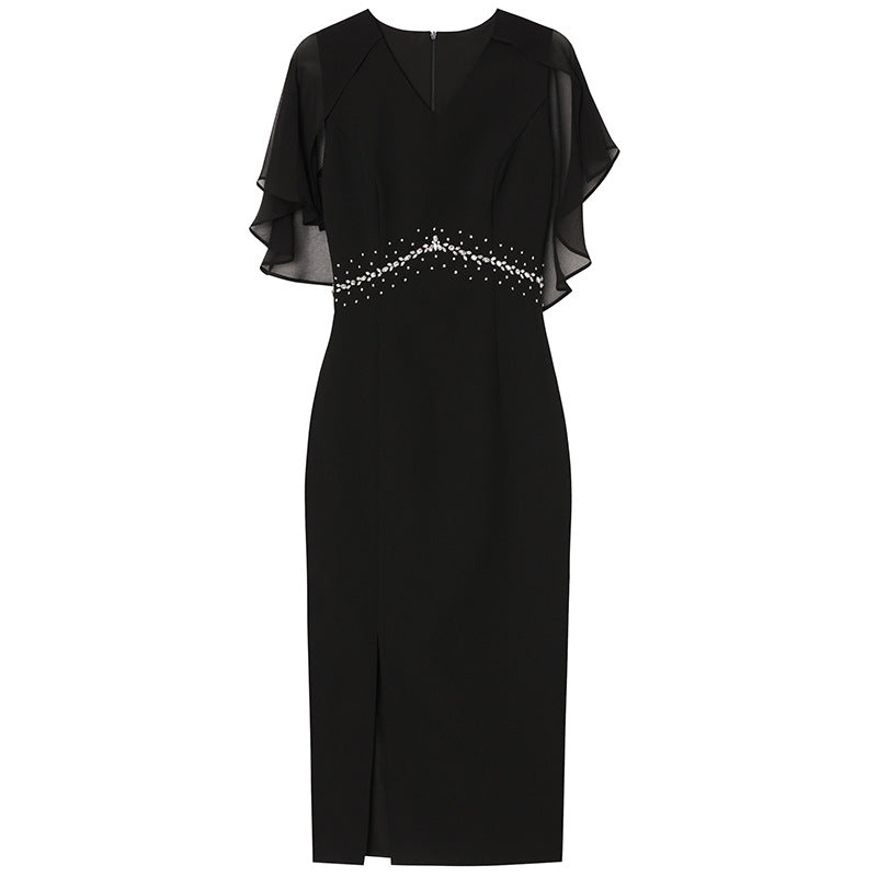 V-neck Shawl Sleeve Studded Diamond Banquet Buttocks Skirt