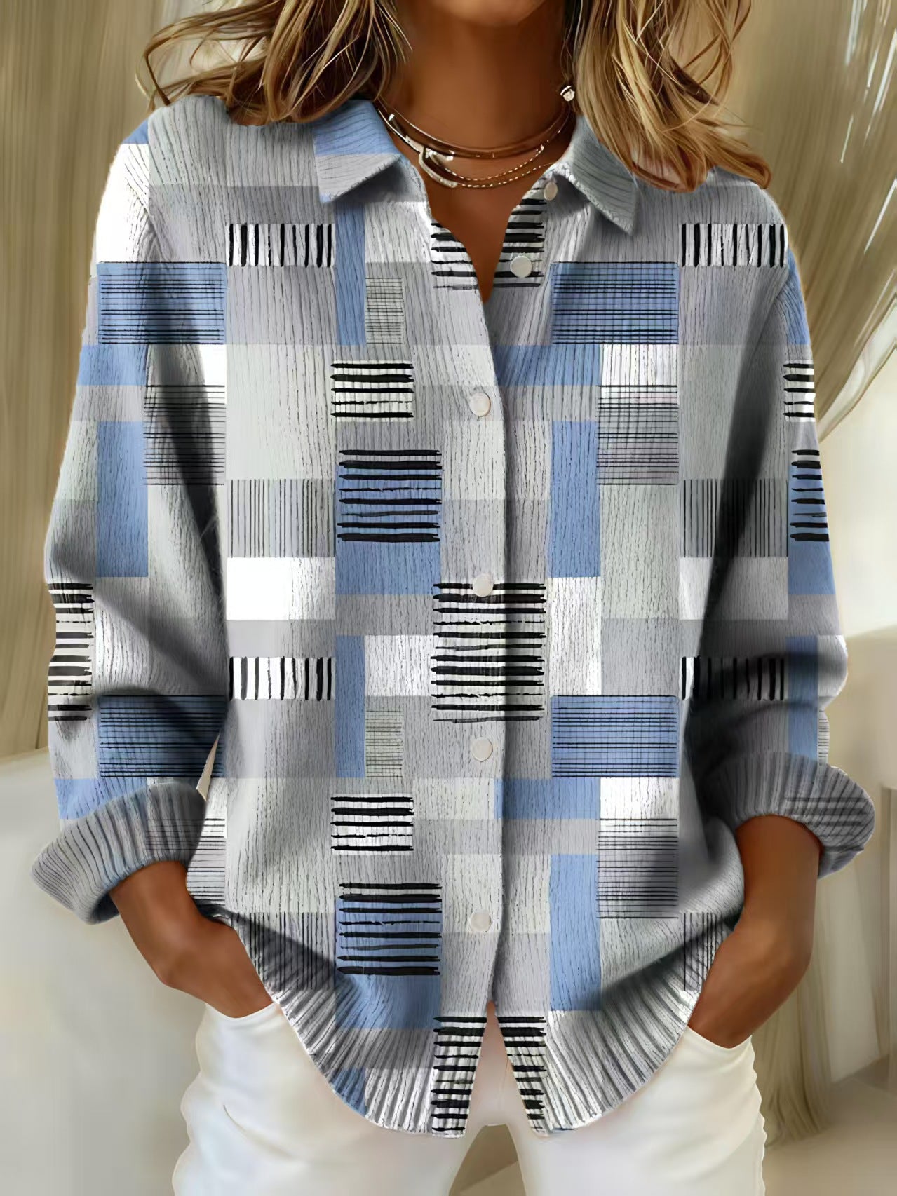 Printed Lapel Sweater Fashion Casual Long-sleeved Button Pullover Top Knitted Clothing For Women