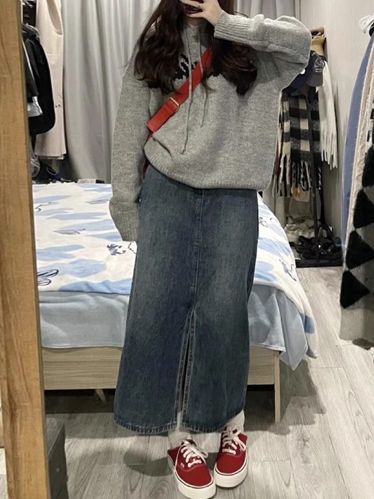 Retro Denim Skirt Fall Pear Shapes Split Straight