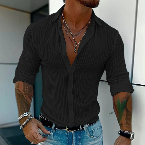 Pure Color All-matching Men's Striped Cardigan Long Sleeve Shirt