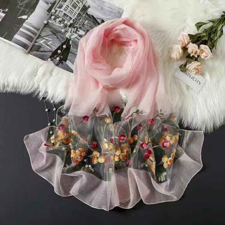 Elegant Versatile Embroidered Silk Scarf For Women Thin