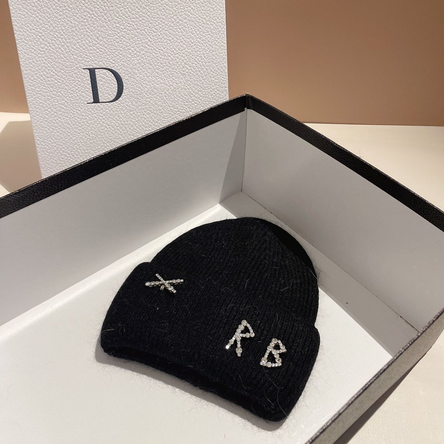 Winter RB Letter Fashion Rabbit Fur Knitted Warm Hat Female