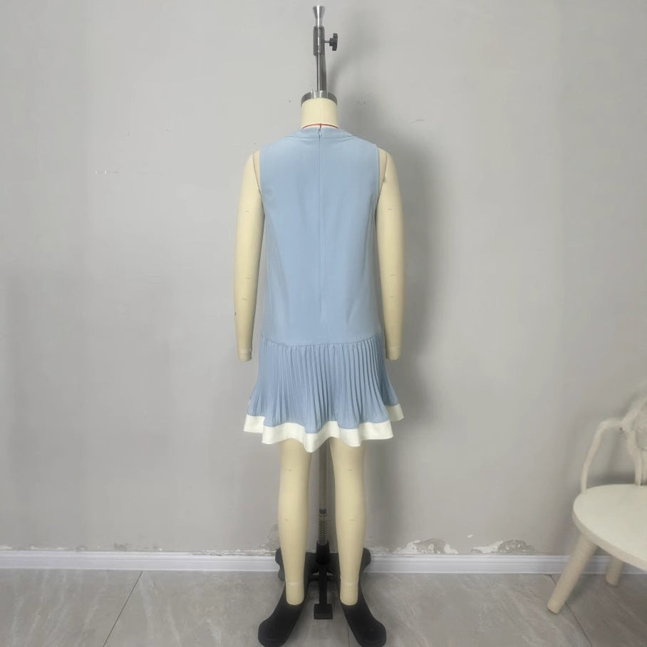 Womens Crew-Neck Vest Pleated Patchwork Sleeveless Dress