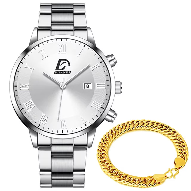 Luxury Stainless Steel Quartz Wrist Watch for Men with Calendar - Business Style Bracelet Timepiece