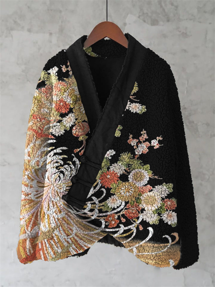 Womens Printed Kimono Cardigan Fleece Jacket Fashionable Womens Outerwear