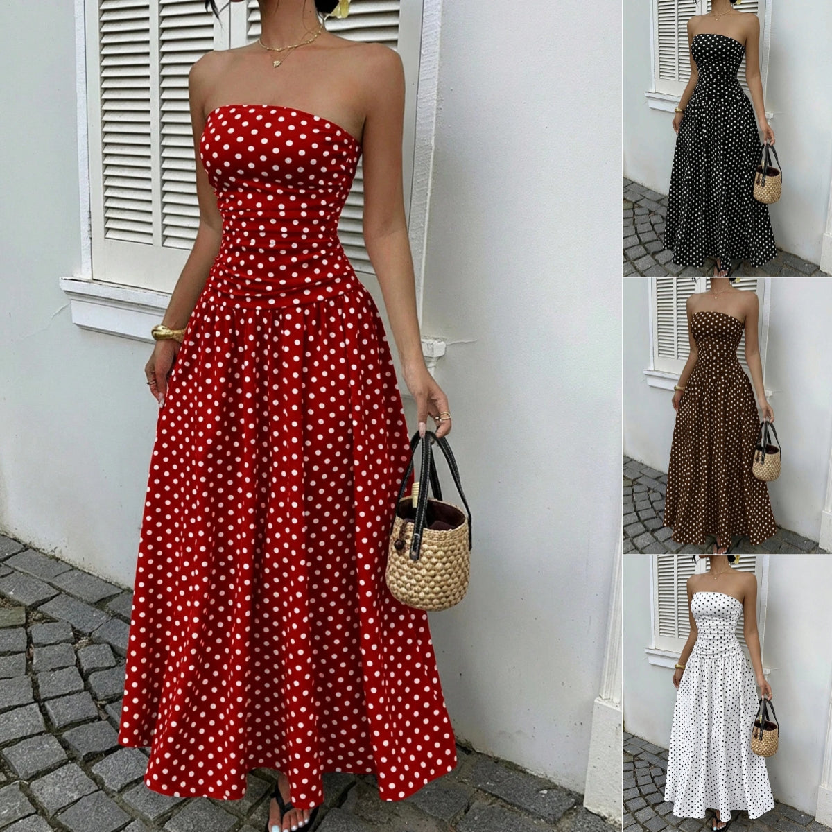 Elegante Prikkede Off-shoulder Kjoler Ensfarvede Stropløse Dame Højtaljede Robe Pendlerfest Forretning Strand Ferie Outfit
