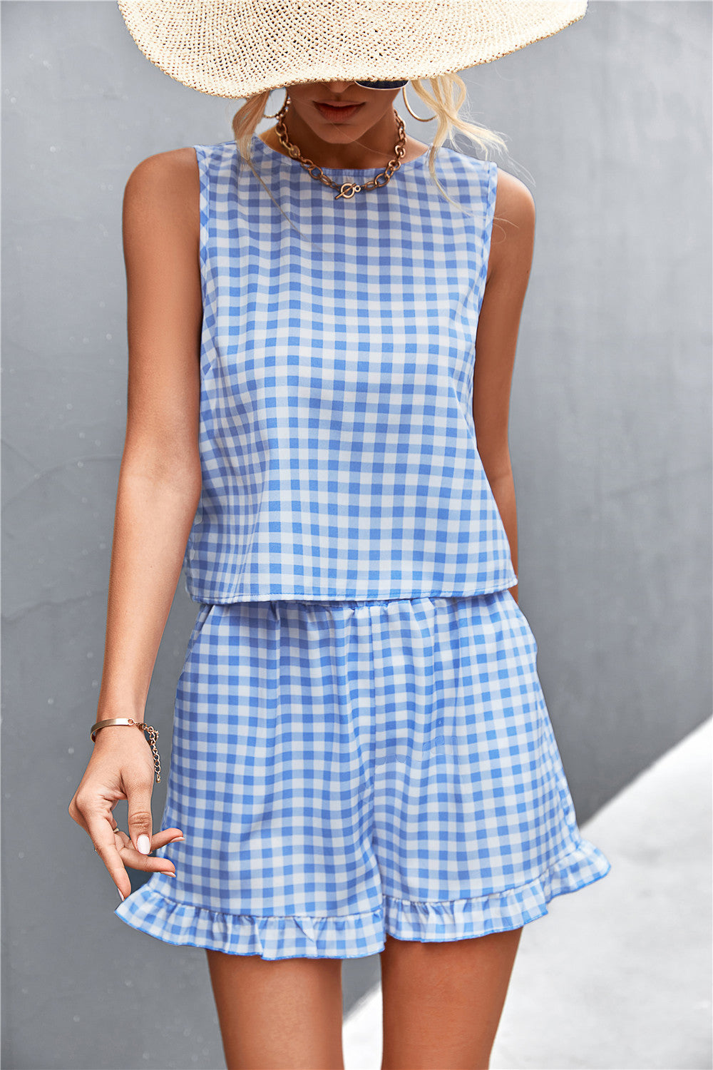 New Independent Station WISH Hot Sale Black And White Plaid Casual Sleeveless Shorts Suit For Women