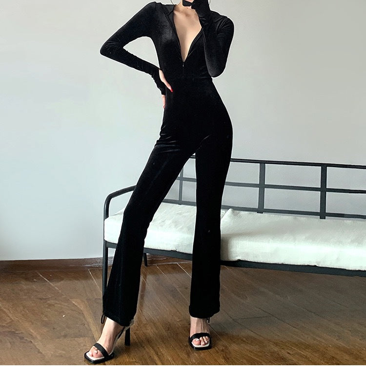 Women's Slim Fitting Velvet Hooded Jumpsuit