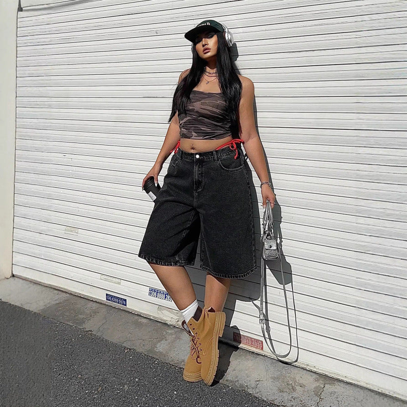 Denim Cropped Pants, Loose Straight-Leg Mid-Length Trousers, Womens American Street Style