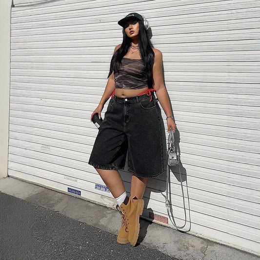 Denim Cropped Pants, Loose Straight-Leg Mid-Length Trousers, Womens American Street Style