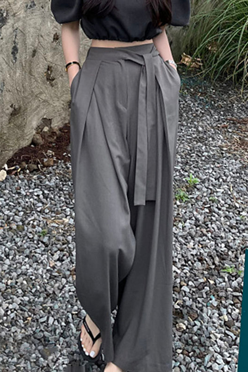 High Waist Pleated Asymmetrical Strap Design Wide Leg Draping Pants